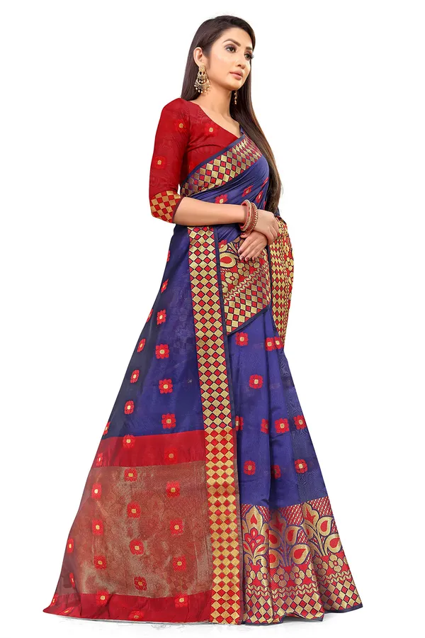 Blue_Silk___Premium_&_Elegant_(_Zari_Flower_Butta_)_Banarasi_Saree_With_Blouse_Piece_For_Women