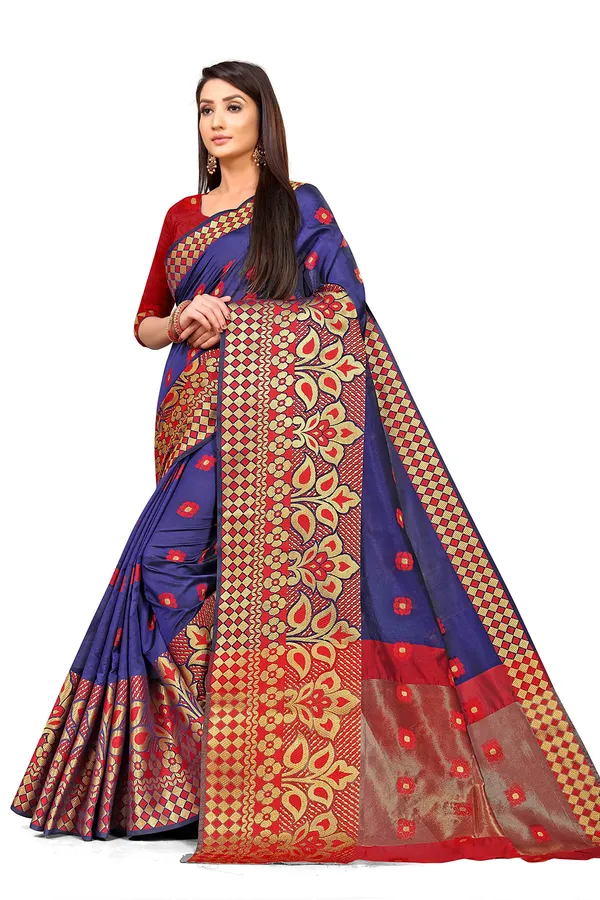 Blue_Silk___Premium_&_Elegant_(_Zari_Flower_Butta_)_Banarasi_Saree_With_Blouse_Piece_For_Women