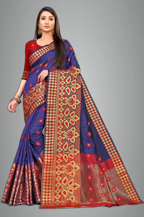 Blue_Silk___Premium_&_Elegant_(_Zari_Flower_Butta_)_Banarasi_Saree_With_Blouse_Piece_For_Women