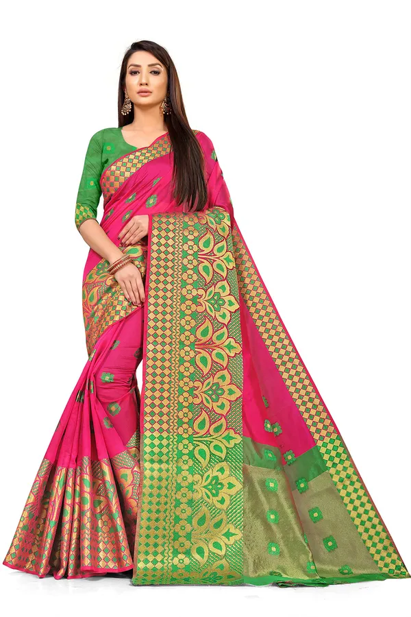 Pink_Silk___Premium_&_Elegant_(_Zari_Flower_Butta_)_Banarasi_Saree_With_Blouse_Piece_For_Women