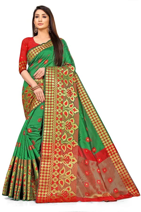 Green_Silk___Premium_&_Elegant_(_Zari_Flower_Butta_)_Banarasi_Saree_With_Blouse_Piece_For_Women