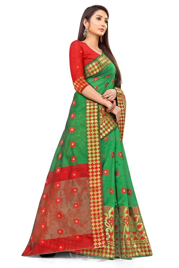 Green_Silk___Premium_&_Elegant_(_Zari_Flower_Butta_)_Banarasi_Saree_With_Blouse_Piece_For_Women