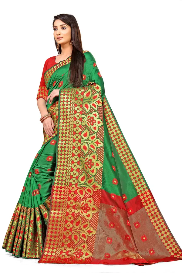 Green_Silk___Premium_&_Elegant_(_Zari_Flower_Butta_)_Banarasi_Saree_With_Blouse_Piece_For_Women