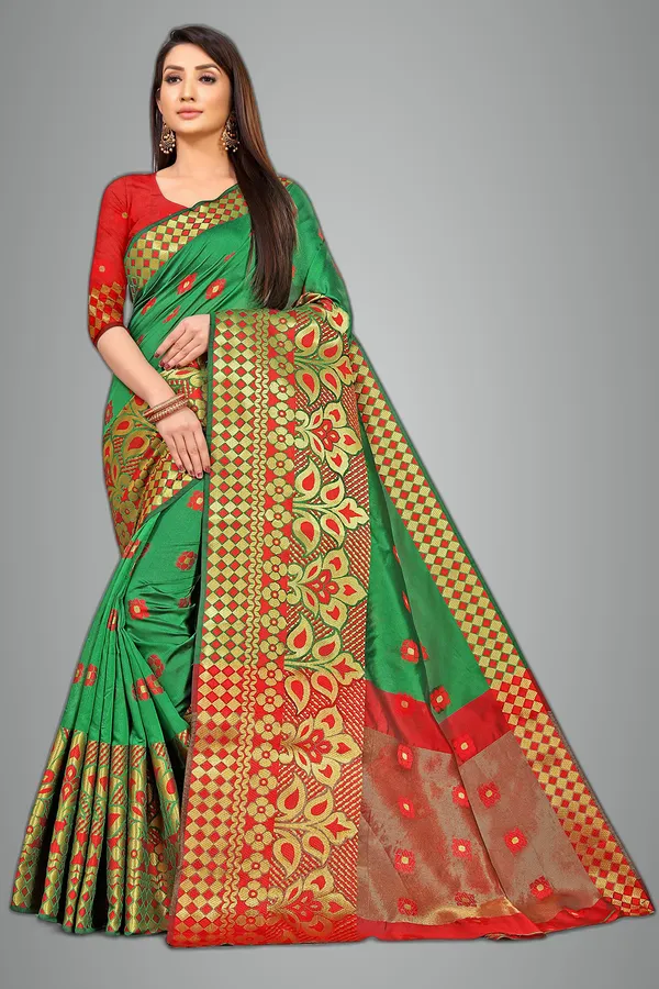 Green_Silk___Premium_&_Elegant_(_Zari_Flower_Butta_)_Banarasi_Saree_With_Blouse_Piece_For_Women