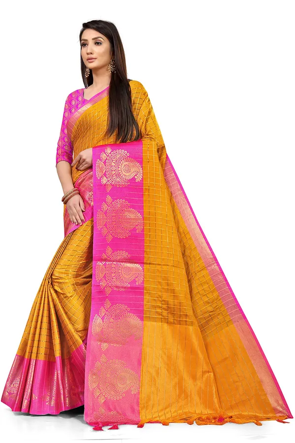 Bronze_Silk___Premium_&_Elegant_(_Zari_Checkered_)_Banarasi_Saree_With_Blouse_Piece_For_Women