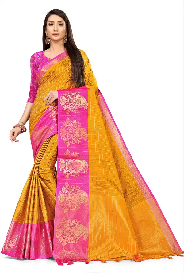 Bronze_Silk___Premium_&_Elegant_(_Zari_Checkered_)_Banarasi_Saree_With_Blouse_Piece_For_Women