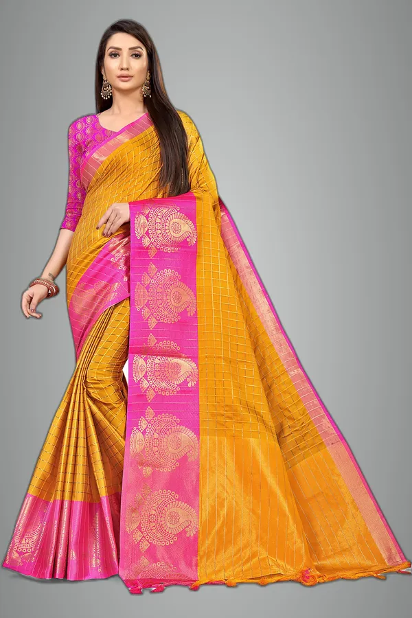 Bronze_Silk___Premium_&_Elegant_(_Zari_Checkered_)_Banarasi_Saree_With_Blouse_Piece_For_Women