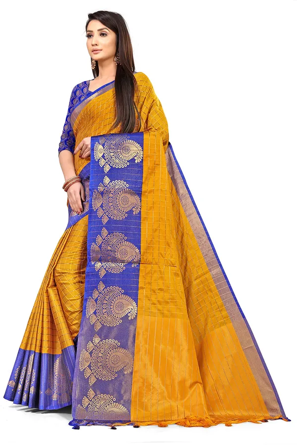 Blue_Silk___Premium_&_Elegant_(_Zari_Checkered_)_Banarasi_Saree_With_Blouse_Piece_For_Women