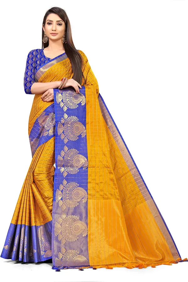 Blue_Silk___Premium_&_Elegant_(_Zari_Checkered_)_Banarasi_Saree_With_Blouse_Piece_For_Women