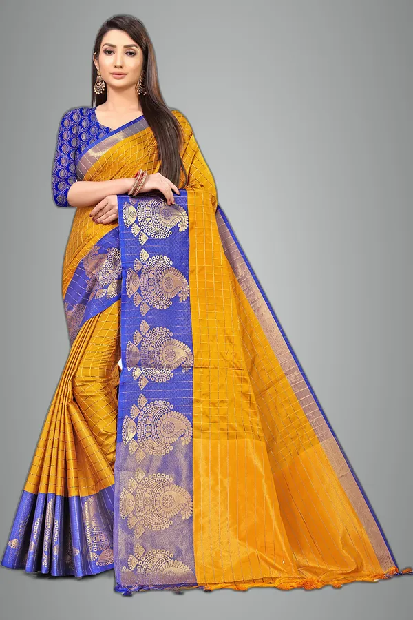 Blue_Silk___Premium_&_Elegant_(_Zari_Checkered_)_Banarasi_Saree_With_Blouse_Piece_For_Women