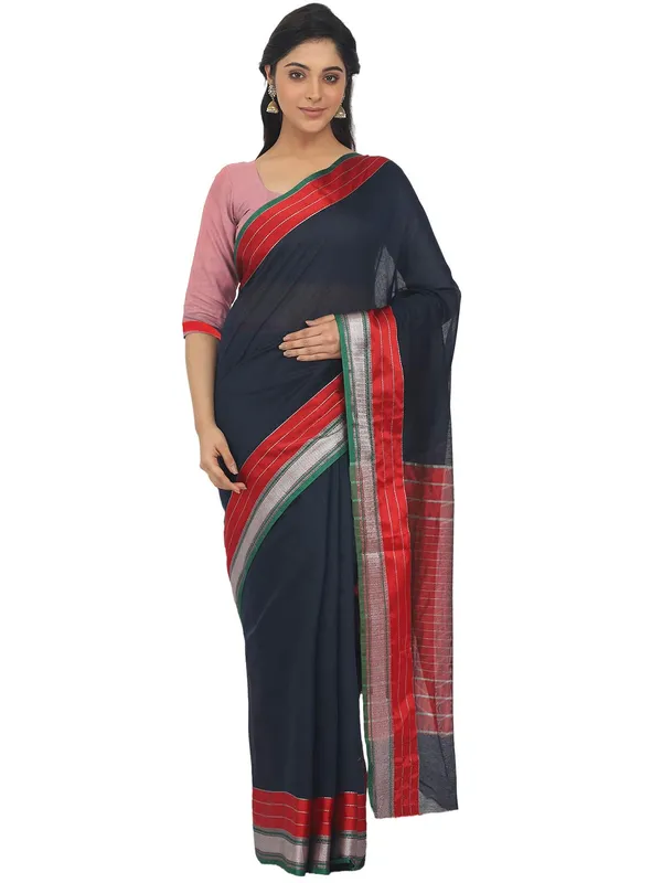 Dark_Blue_Cotton_Silk_Premium_&_Elegant_Maheshwari_Saree_With_Blouse_Piece_For_Women
