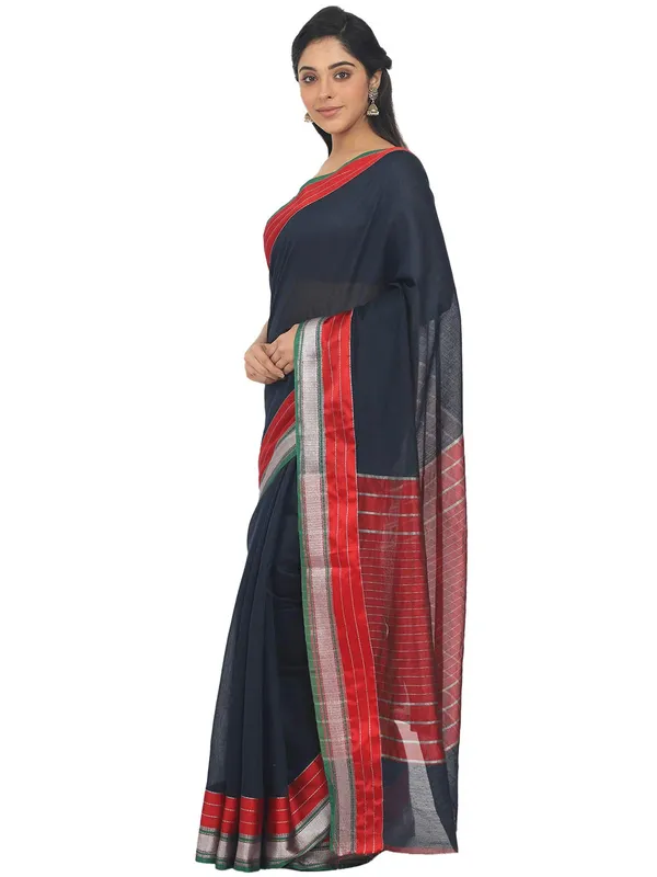 Dark_Blue_Cotton_Silk_Premium_&_Elegant_Maheshwari_Saree_With_Blouse_Piece_For_Women
