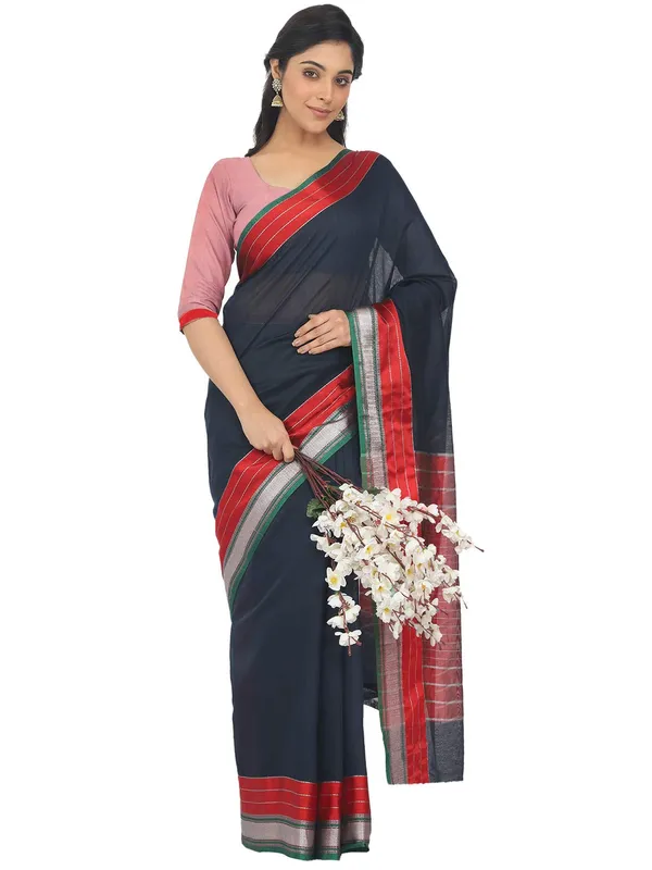 Dark_Blue_Cotton_Silk_Premium_&_Elegant_Maheshwari_Saree_With_Blouse_Piece_For_Women
