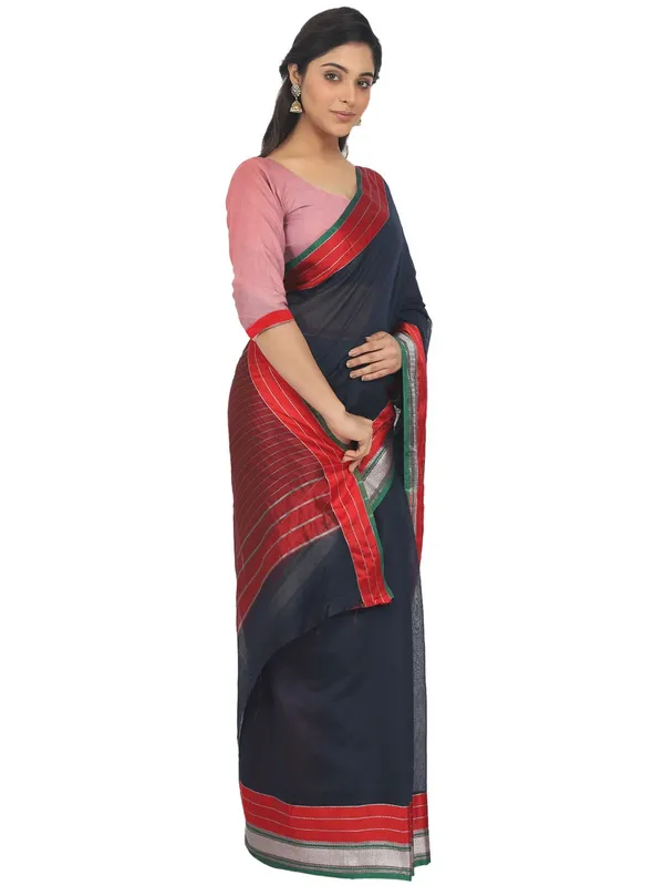 Dark_Blue_Cotton_Silk_Premium_&_Elegant_Maheshwari_Saree_With_Blouse_Piece_For_Women
