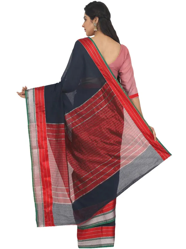 Dark_Blue_Cotton_Silk_Premium_&_Elegant_Maheshwari_Saree_With_Blouse_Piece_For_Women