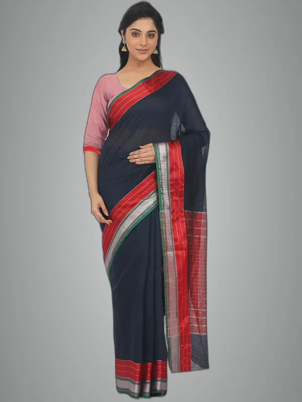 Dark_Blue_Cotton_Silk_Premium_&_Elegant_Maheshwari_Saree_With_Blouse_Piece_For_Women
