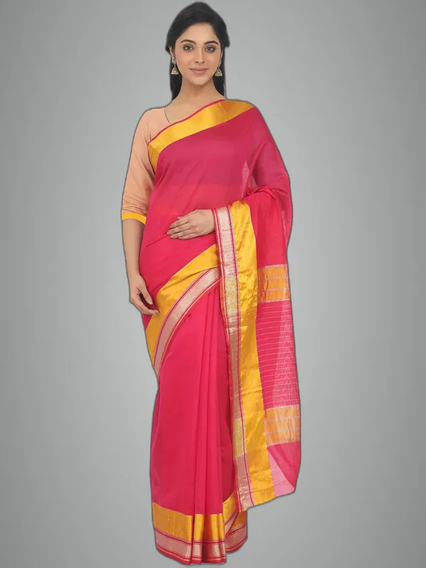 Pink_Cotton_Silk_Premium_&_Elegant_Maheshwari_Saree_With_Blouse_Piece_For_Women