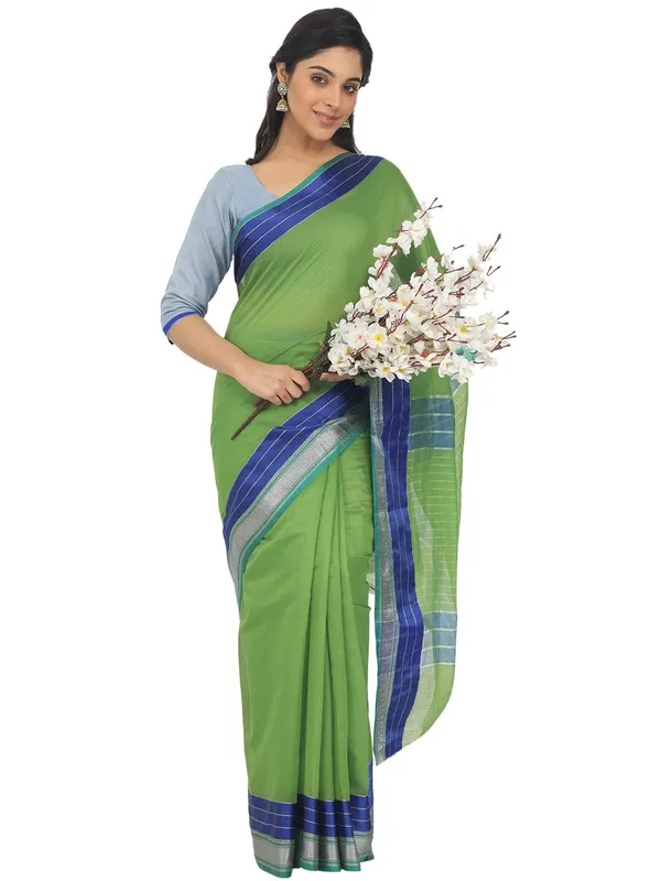 Green_Cotton_Silk_Premium_&_Elegant_Maheshwari_Saree_With_Blouse_Piece_For_Women