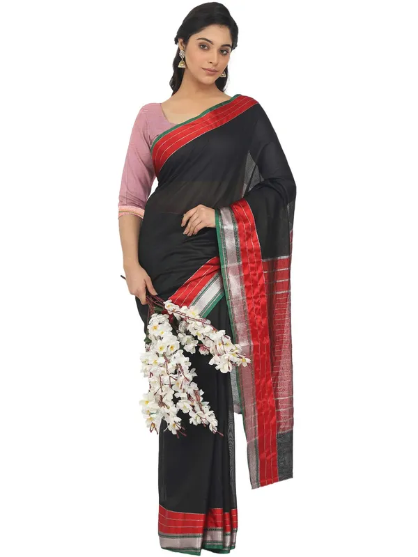 Black_Cotton_Silk_Premium_&_Elegant_Maheshwari_Saree_With_Blouse_Piece_For_Women