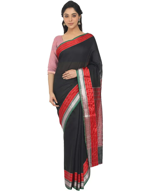 Black_Cotton_Silk_Premium_&_Elegant_Maheshwari_Saree_With_Blouse_Piece_For_Women