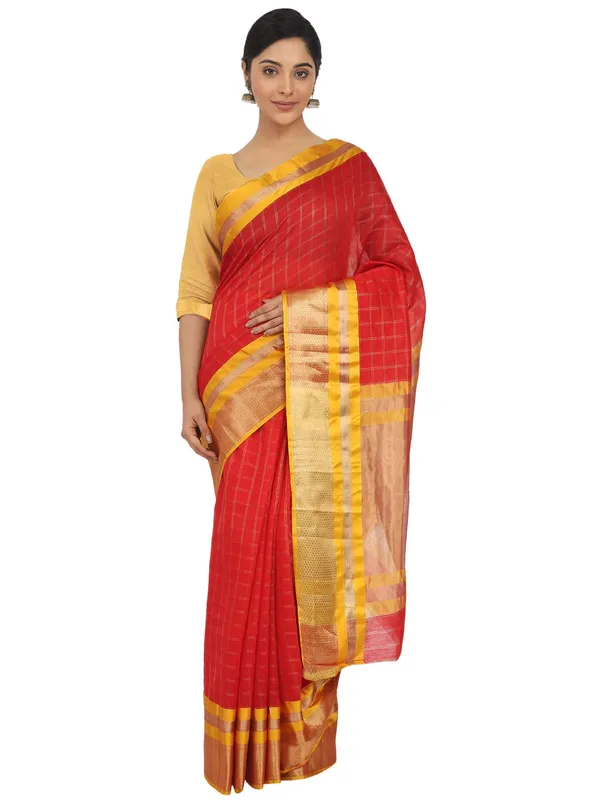 Red_Cotton_Silk_Premium_&_Elegant_(_Checkered_)_Maheshwari_Saree_With_Blouse_Piece_For_Women