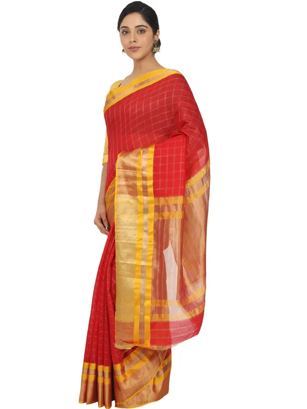 Red_Cotton_Silk_Premium_&_Elegant_(_Checkered_)_Maheshwari_Saree_With_Blouse_Piece_For_Women