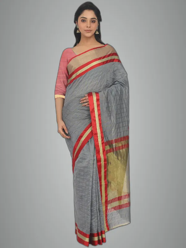 Grey_Cotton_Silk_Premium_&_Elegant_(_Checkered_)_Maheshwari_Saree_With_Blouse_Piece_For_Women