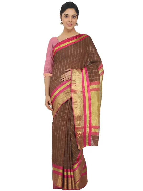 Brown_Cotton_Silk_Premium_&_Elegant_(_Checkered_)_Maheshwari_Saree_With_Blouse_Piece_For_Women