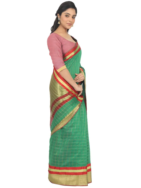 Green_Cotton_Silk_Premium_&_Elegant_(_Checkered_)_Maheshwari_Saree_With_Blouse_Piece_For_Women
