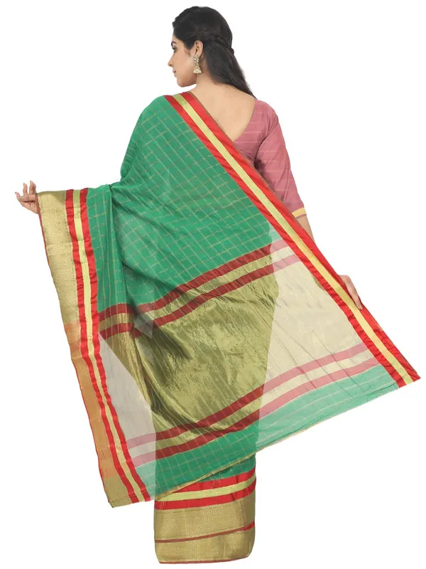 Green_Cotton_Silk_Premium_&_Elegant_(_Checkered_)_Maheshwari_Saree_With_Blouse_Piece_For_Women