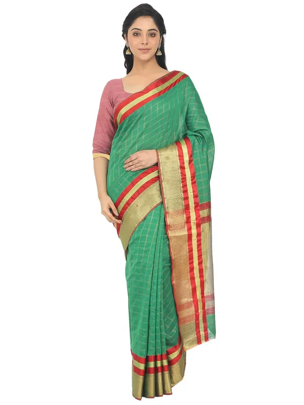 Green_Cotton_Silk_Premium_&_Elegant_(_Checkered_)_Maheshwari_Saree_With_Blouse_Piece_For_Women