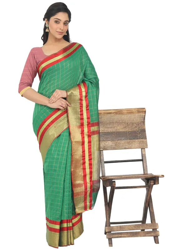 Green_Cotton_Silk_Premium_&_Elegant_(_Checkered_)_Maheshwari_Saree_With_Blouse_Piece_For_Women
