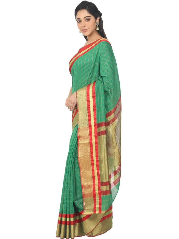 Green_Cotton_Silk_Premium_&_Elegant_(_Checkered_)_Maheshwari_Saree_With_Blouse_Piece_For_Women