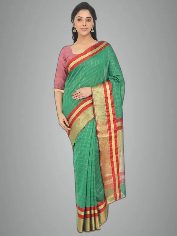 Green_Cotton_Silk_Premium_&_Elegant_(_Checkered_)_Maheshwari_Saree_With_Blouse_Piece_For_Women