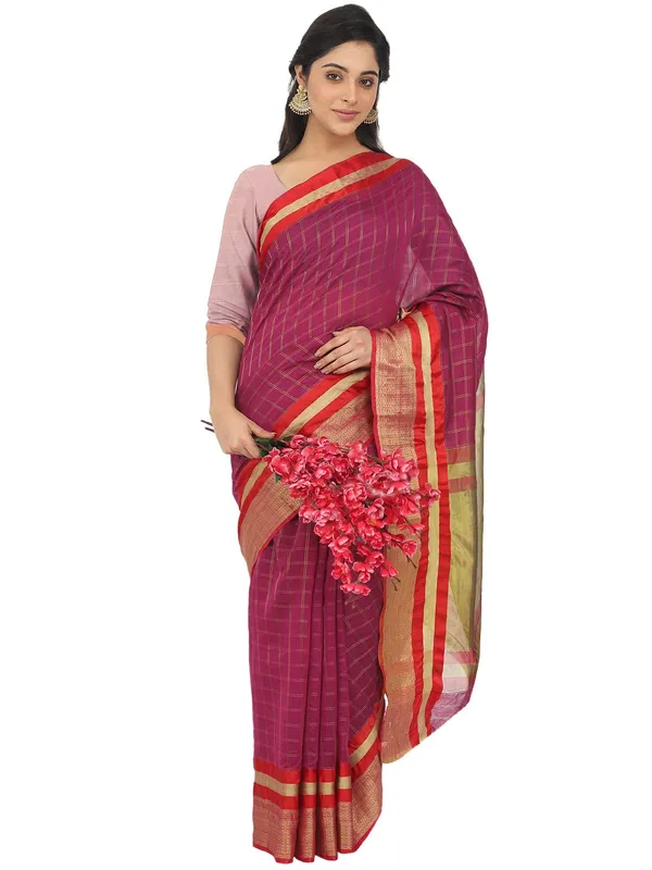 Purple_Cotton_Silk_Premium_&_Elegant_(_Checkered_)_Maheshwari_Saree_With_Blouse_Piece_For_Women