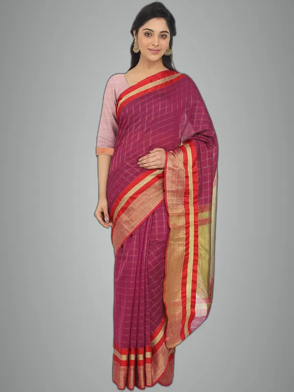 Purple_Cotton_Silk_Premium_&_Elegant_(_Checkered_)_Maheshwari_Saree_With_Blouse_Piece_For_Women