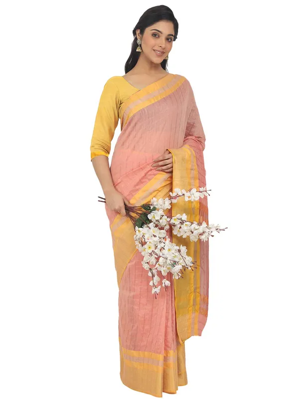 Peach_Cotton_Silk_Premium_&_Elegant_(_Checkered_)_Maheshwari_Saree_With_Blouse_Piece_For_Women