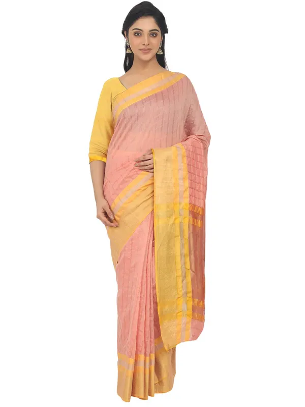 Peach_Cotton_Silk_Premium_&_Elegant_(_Checkered_)_Maheshwari_Saree_With_Blouse_Piece_For_Women