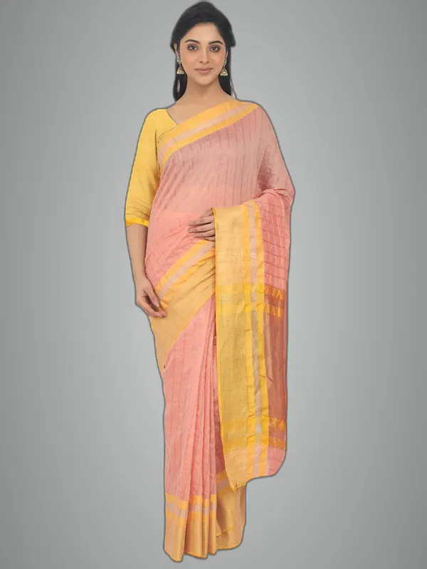 Peach_Cotton_Silk_Premium_&_Elegant_(_Checkered_)_Maheshwari_Saree_With_Blouse_Piece_For_Women