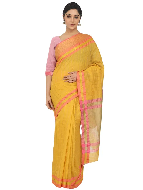 Yellow_Cotton_Silk_Premium_&_Elegant_(_Checkered_)_Maheshwari_Saree_With_Blouse_Piece_For_Women