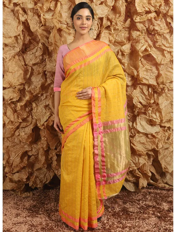 Yellow_Cotton_Silk_Premium_&_Elegant_(_Checkered_)_Maheshwari_Saree_With_Blouse_Piece_For_Women