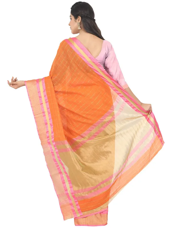Orange_Cotton_Silk_Premium_&_Elegant_(_Checkered_)_Maheshwari_Saree_With_Blouse_Piece_For_Women