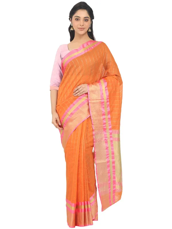 Orange_Cotton_Silk_Premium_&_Elegant_(_Checkered_)_Maheshwari_Saree_With_Blouse_Piece_For_Women