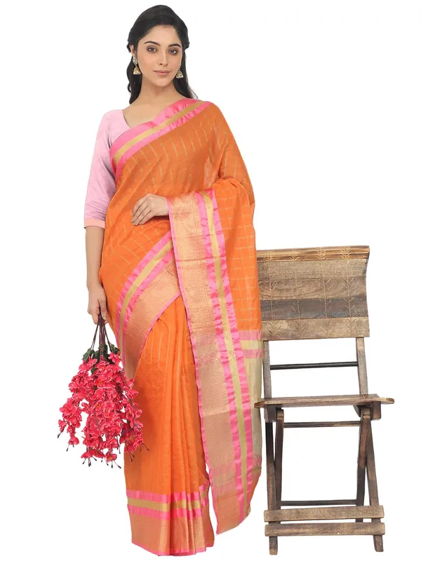 Orange_Cotton_Silk_Premium_&_Elegant_(_Checkered_)_Maheshwari_Saree_With_Blouse_Piece_For_Women