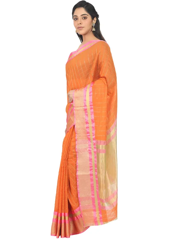 Orange_Cotton_Silk_Premium_&_Elegant_(_Checkered_)_Maheshwari_Saree_With_Blouse_Piece_For_Women