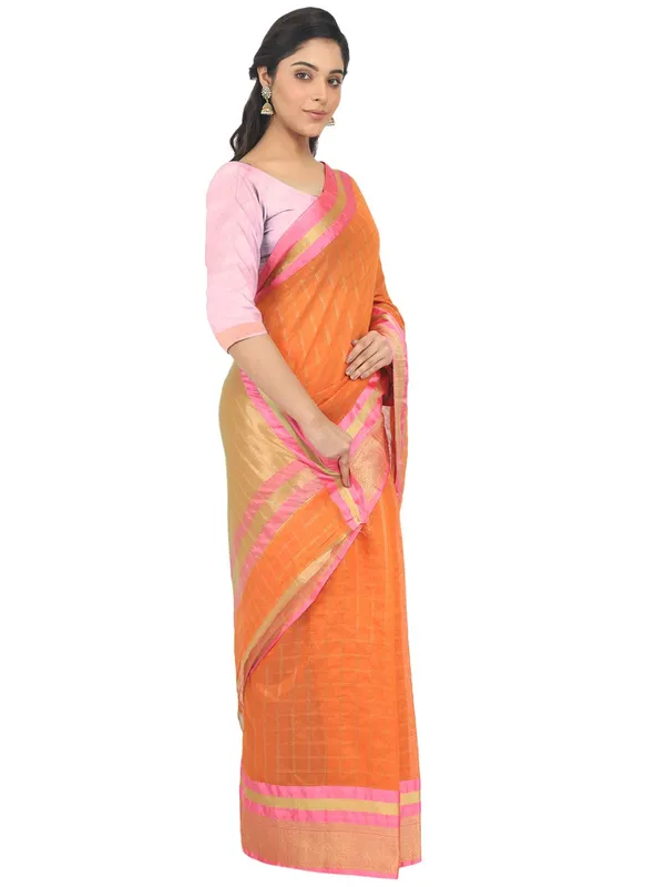 Orange_Cotton_Silk_Premium_&_Elegant_(_Checkered_)_Maheshwari_Saree_With_Blouse_Piece_For_Women