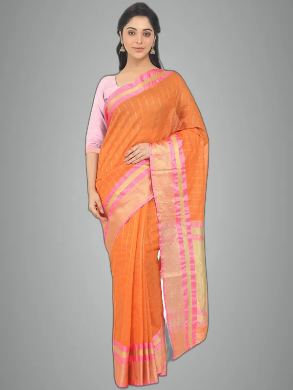 Orange_Cotton_Silk_Premium_&_Elegant_(_Checkered_)_Maheshwari_Saree_With_Blouse_Piece_For_Women