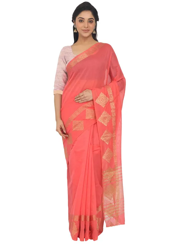 Pinkish_Peach_Polycotton_Premium_&_Elegant_(_Zari_Border_)_Tant_Saree_With_Blouse_Piece_For_Women