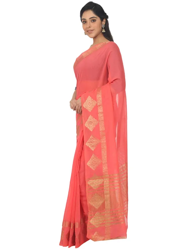 Pinkish_Peach_Polycotton_Premium_&_Elegant_(_Zari_Border_)_Tant_Saree_With_Blouse_Piece_For_Women
