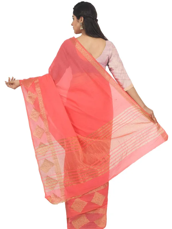 Pinkish_Peach_Polycotton_Premium_&_Elegant_(_Zari_Border_)_Tant_Saree_With_Blouse_Piece_For_Women